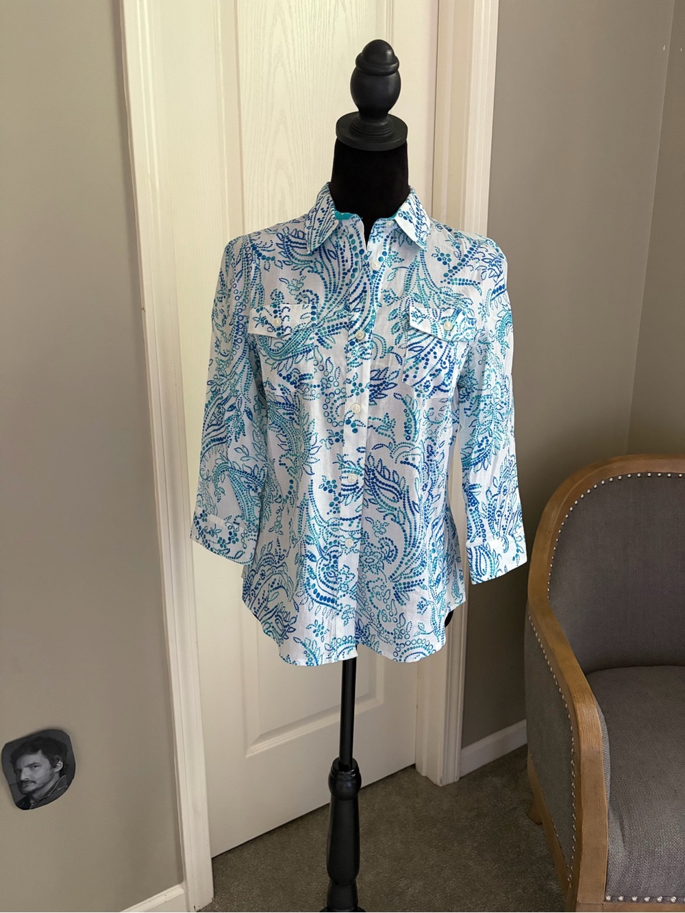 Jones New York White Button-Down Shirt with Blue Paisley Print
